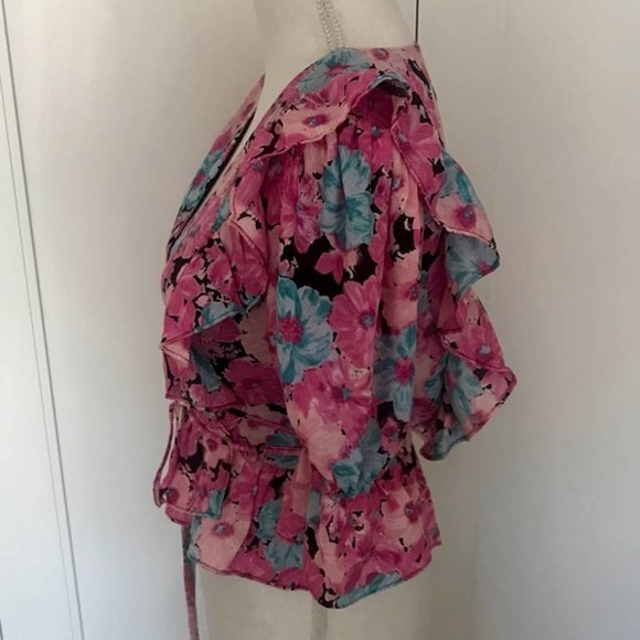 WAYF Colorful Floral Print Wrap Blouse Puff Sleeve - Picture 3 of 10